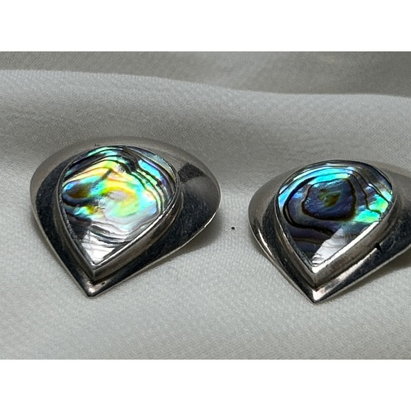 Vintage Earrings Tear drop shape Abalone shell and Sterling Silver 925 Clip on - Picture 2 of 4